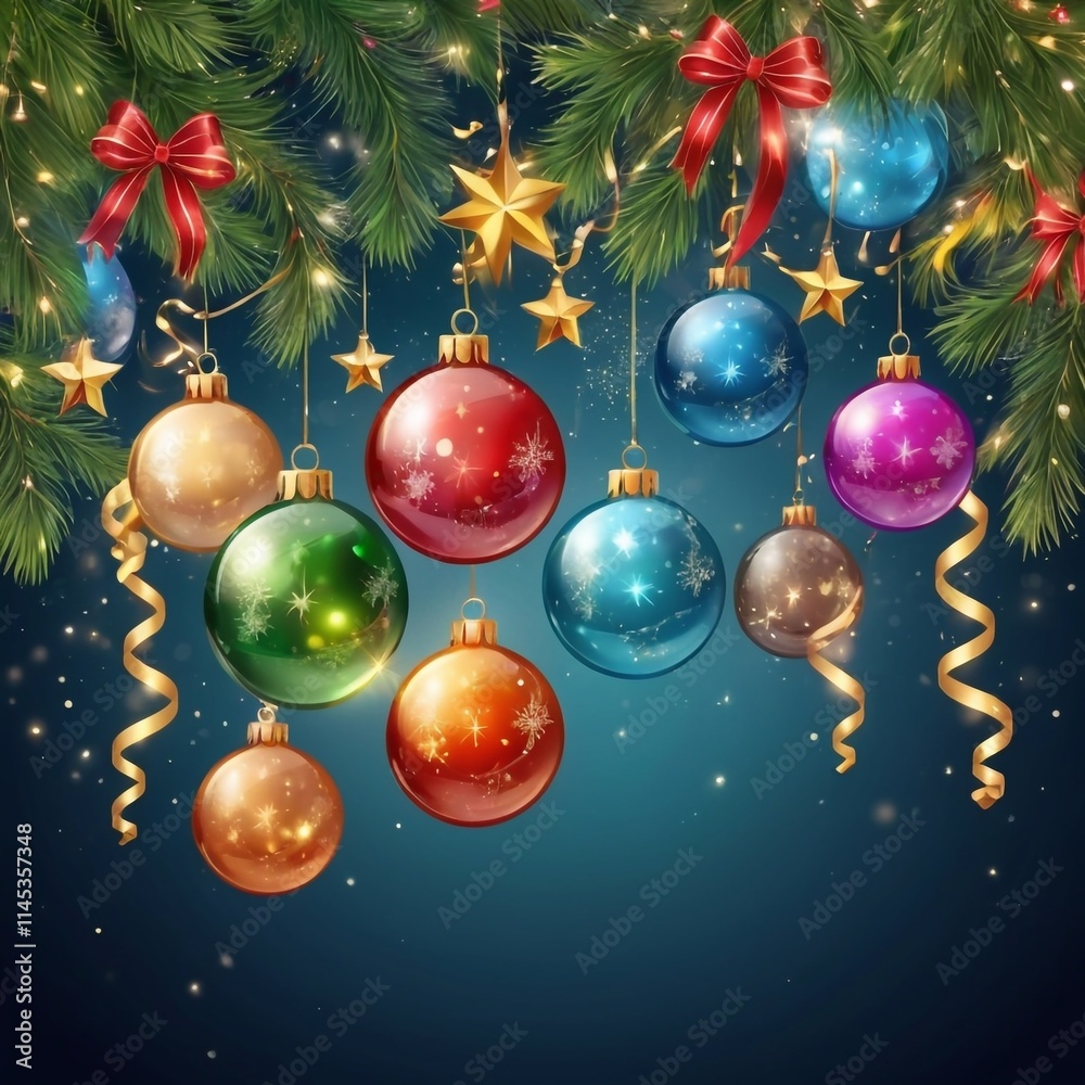 Christmas greeting holiday card template banner design with place for text. Balls on Christmas tree branch, stars, ribbons and light. Merry Christmas and Happy New Year 2025 Christmas greeting holiday card template banner design with place for text. Balls on Christmas tree branch, stars, ribbons and light. Merry Christmas and Happy New Year 2025