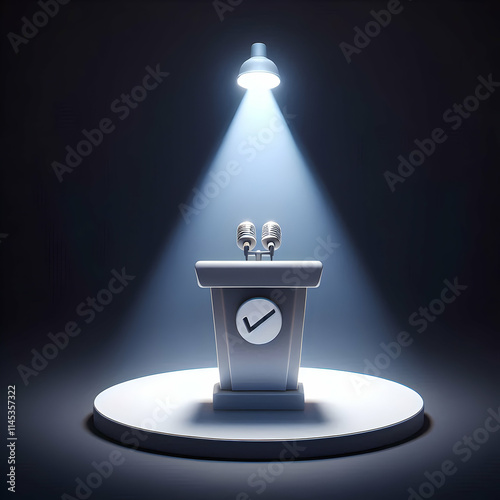 3D Glossy podium with spotlight concept as Close up of a glossy debate podium illuminated by a single spotlight. Camera slowly pans up the podium. Large copy space on dark background for debate schedu photo