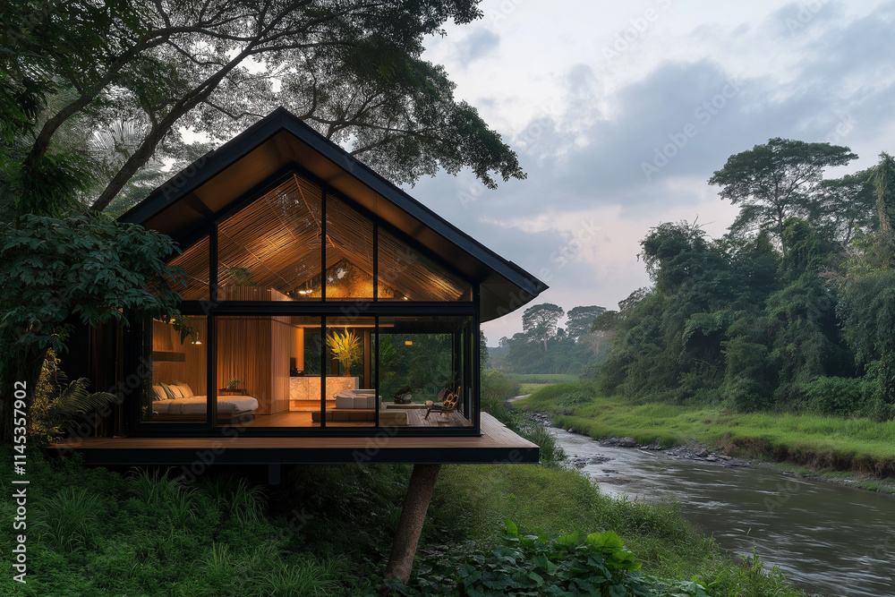 Modern Cabin Retreat: Immerse yourself in the tranquility of nature with this stunning modern cabin nestled amidst lush greenery. Modern Cabin Retreat: Immerse yourself in the tranquility of nature with this stunning modern cabin nestled amidst lush greenery.