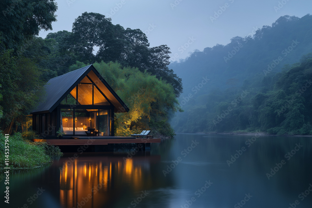 Fototapeta premium Secluded Serenity: A modern cabin nestled on a tranquil lake, bathed in the soft glow of twilight, offers a sanctuary from the hustle and bustle.