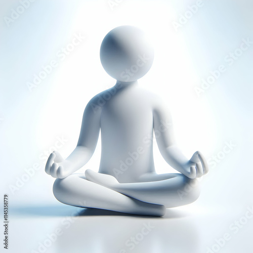 3D Soft focus white meditation figure concept as Medium shot of a person in white meditation pose edges softly blurred. Camera slowly rotates around the figure emphasizing stillness. Represents mindfu photo