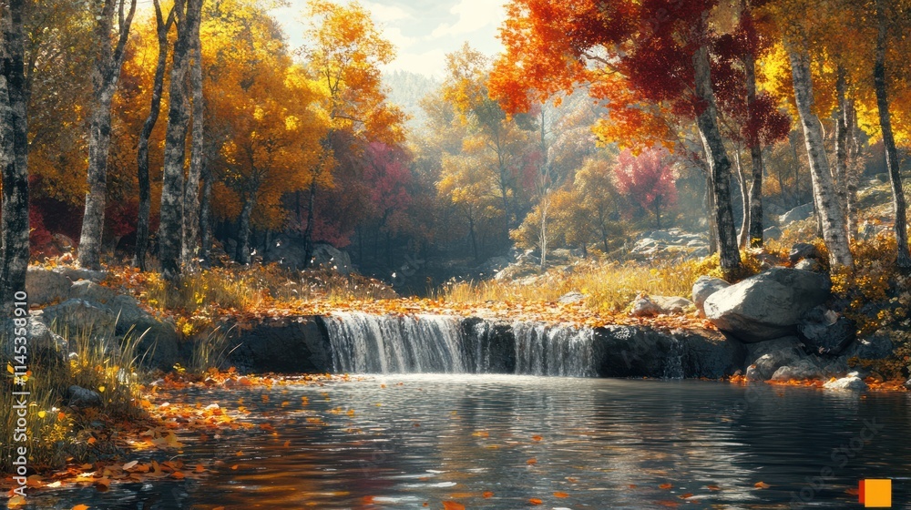 Fototapeta premium Tranquil Autumn Waterfall in a Misty Forest
