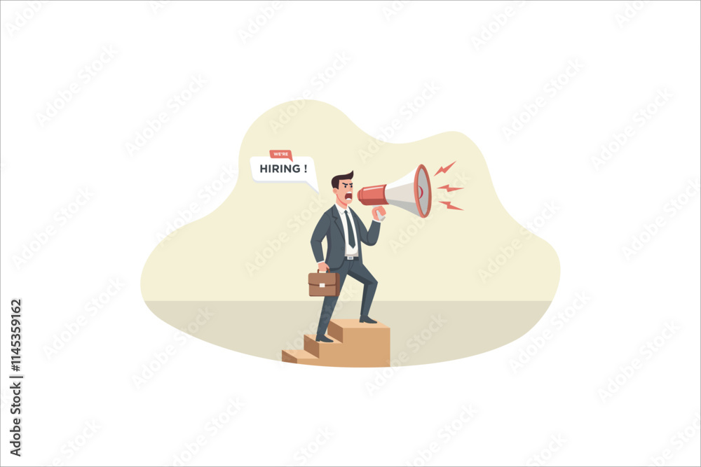 Illustration of employer shout in loud speaker and recruit new employees. We are hiring, job vacancy or headhunting. Vector illustration. Illustration of employer shout in loud speaker and recruit new employees. We are hiring, job vacancy or headhunting. Vector illustration.