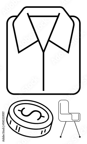 Shirt with collar, coin with dollar sign, and office chair drawn in minimalistic style. Ideal for business, finance, office decor, clothing industry, entrepreneurship, economics line metaphor