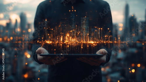 man holds a tablet showcasing a digital city skyline, representing the link between technology, urban growth, and the evolution of smart cities, innovation, and the future of digital transformation #1145359545