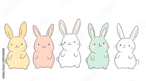 Five Adorable Pastel Colored Bunnies in a Row