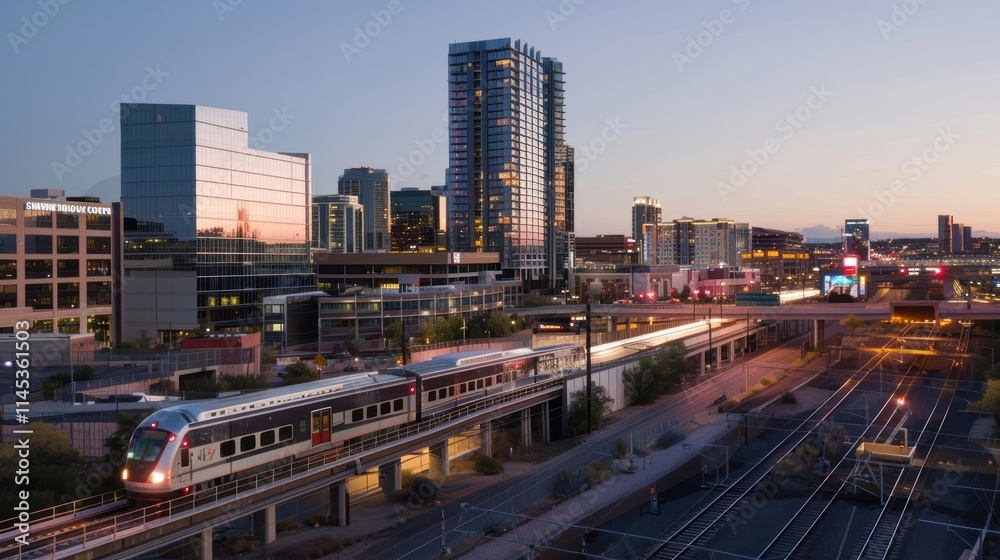 Modern Cityscape with Train at Dusk in Urban Environment Modern Cityscape with Train at Dusk in Urban Environment