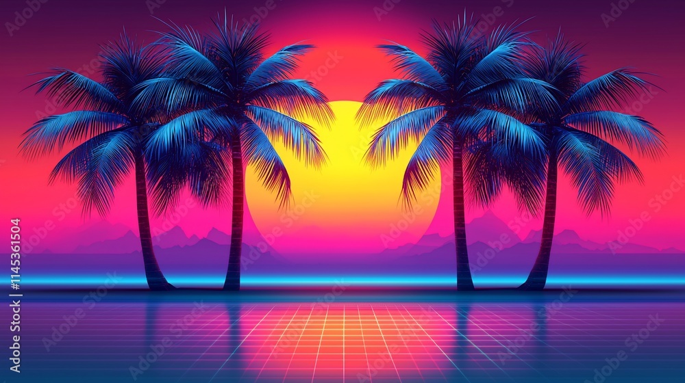 Fototapeta premium Retro sunset with palm trees and neon reflections.