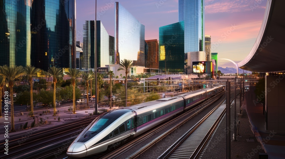 Fototapeta premium Modern High-Speed Train Passing Through Urban Cityscape at Sunset