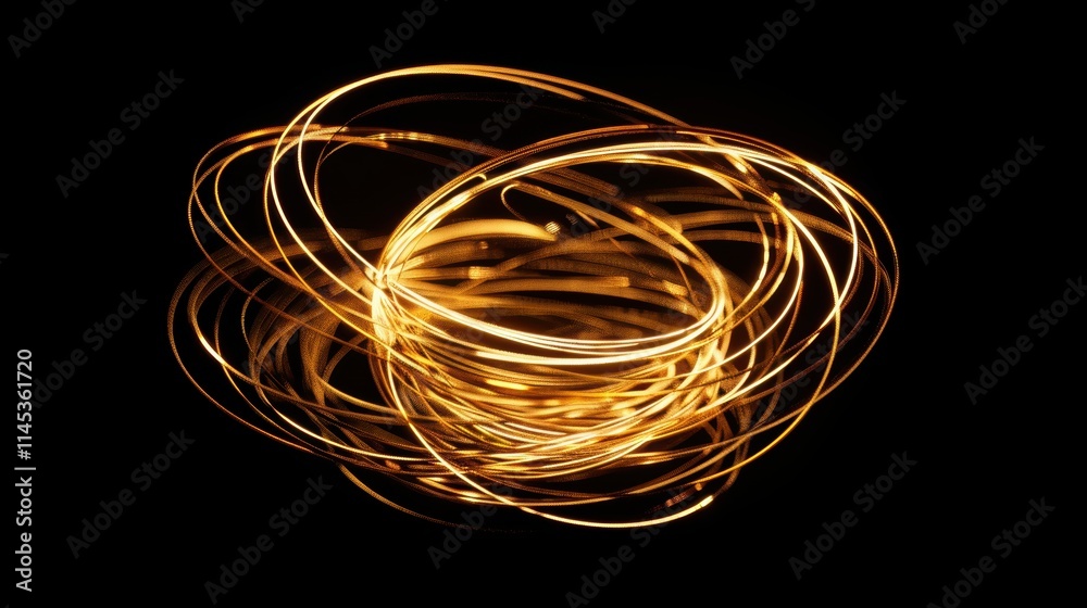 Swirling Gold Light Trails on Black Background for Abstract Art
