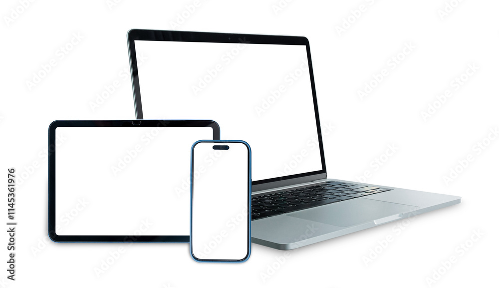 Set of smart devices smartphone, tablet and laptop with blank screen isolated on transparent background, PNG Format Set of smart devices smartphone, tablet and laptop with blank screen isolated on transparent background, PNG Format