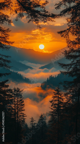 Misty mountains bathed in warm orange and yellow hues at sunset, symbolizing tranquility and the beauty of nature's chaos, a perfect high-definition phone wallpaper to evoke peace and awe