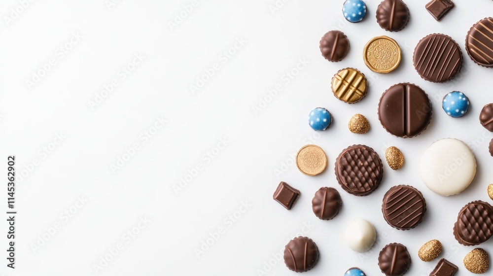Fototapeta premium Chocolate gelt coins and dreidels in blue and gold are scattered across a white background creating a festive atmosphere for Hannukah celebrations. Perfect for holiday decoration or photoshoots