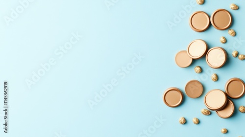 Light gold chocolate gelt coins are scattered across a soft blue background creating a festive atmosphere ideal for Hanukkah celebrations. The design features ample copy space for text