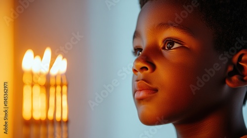 A young Jewish boy with dark brown skin observes a brightly lit menorah with a calm expression. The minimalistic background enhances the warm glow of the candles while creating a peaceful ambiance photo