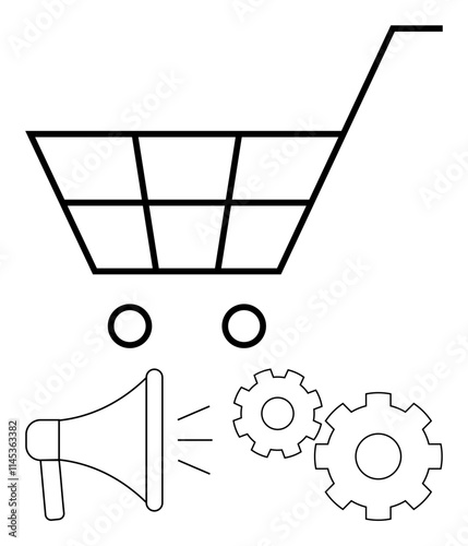 Shopping cart with wheels, megaphone with sound waves, and two interlocking gears. Ideal for e-commerce, digital marketing, automation, business strategy, online retail, customer engagement