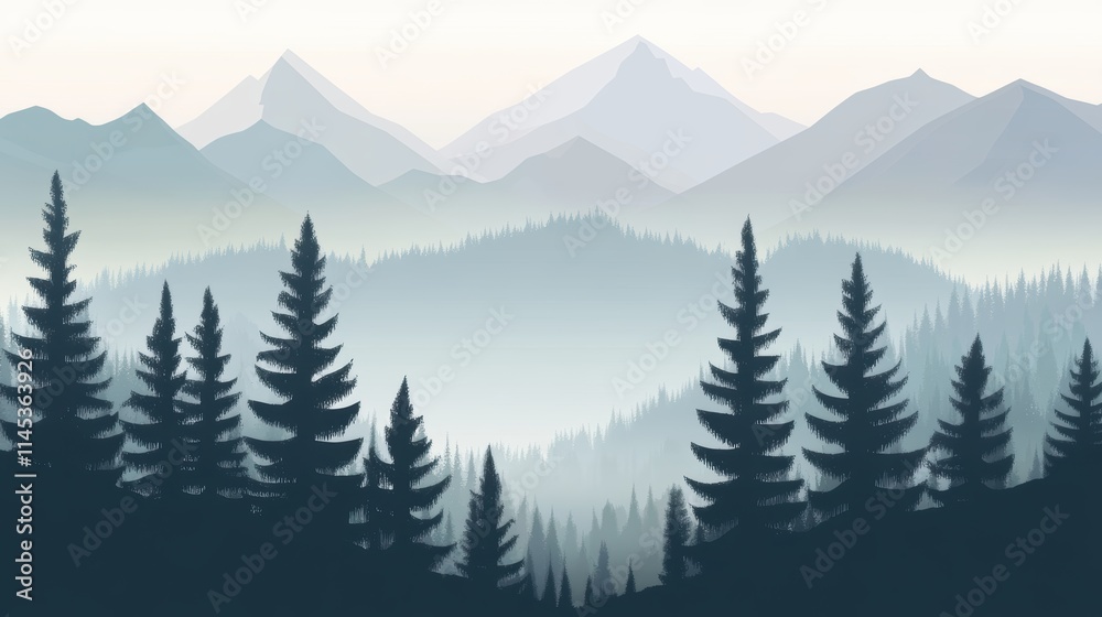 Obraz premium Serene Mountain Landscape with Evergreen Trees and Soft Mist