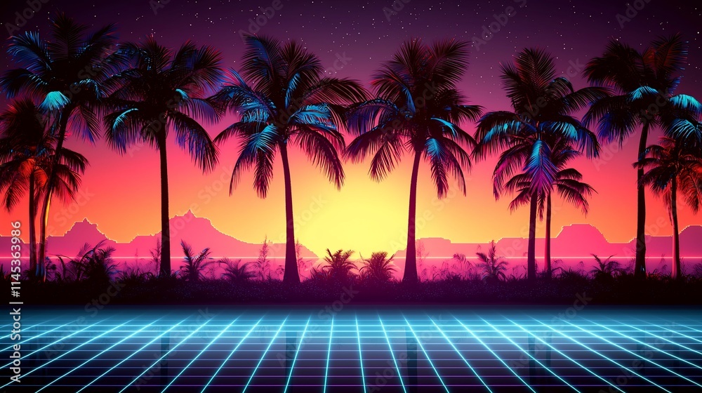 Fototapeta premium Retro sunset scene with palm trees and neon grid.