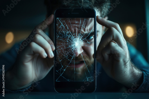 Shattered Screen Reflects Inner Turmoil: A Visual Metaphor of Frustration and Despair in the Digital Age photo