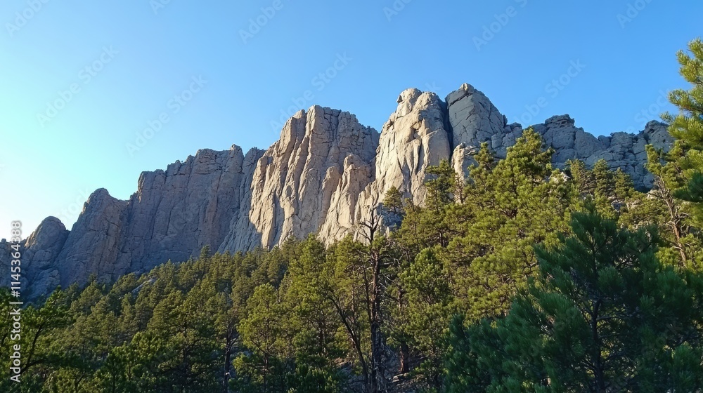 Obraz premium Majestic Rocky Peaks Surrounded by Lush Evergreen Forest