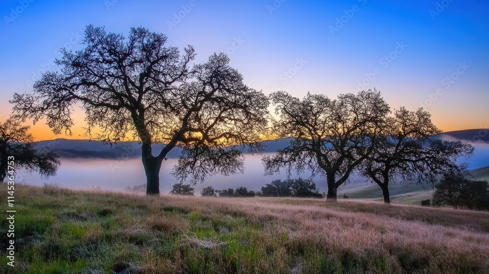 Serene Landscape with Fog at Sunrise and Majestic Oak Trees Serene Landscape with Fog at Sunrise and Majestic Oak Trees