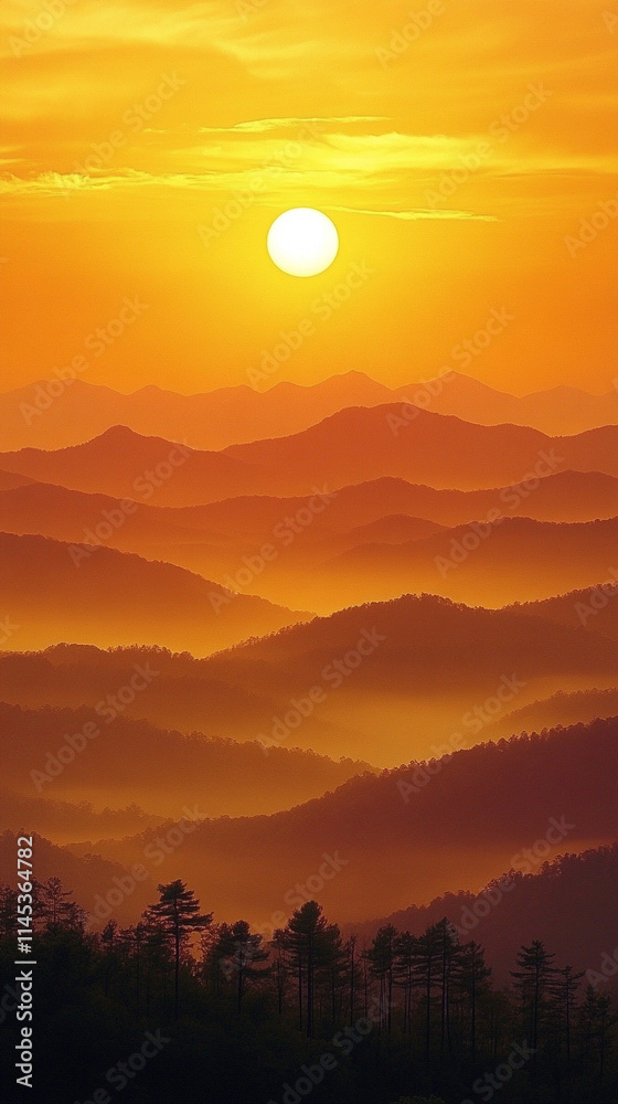 Fototapeta premium Misty mountains bathed in warm orange and yellow hues at sunset, symbolizing tranquility and the beauty of nature's chaos, a perfect high-definition phone wallpaper to evoke peace and awe