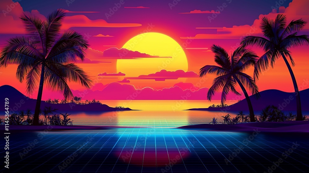 Fototapeta premium Vibrant sunset over tropical beach with retro grid reflection.