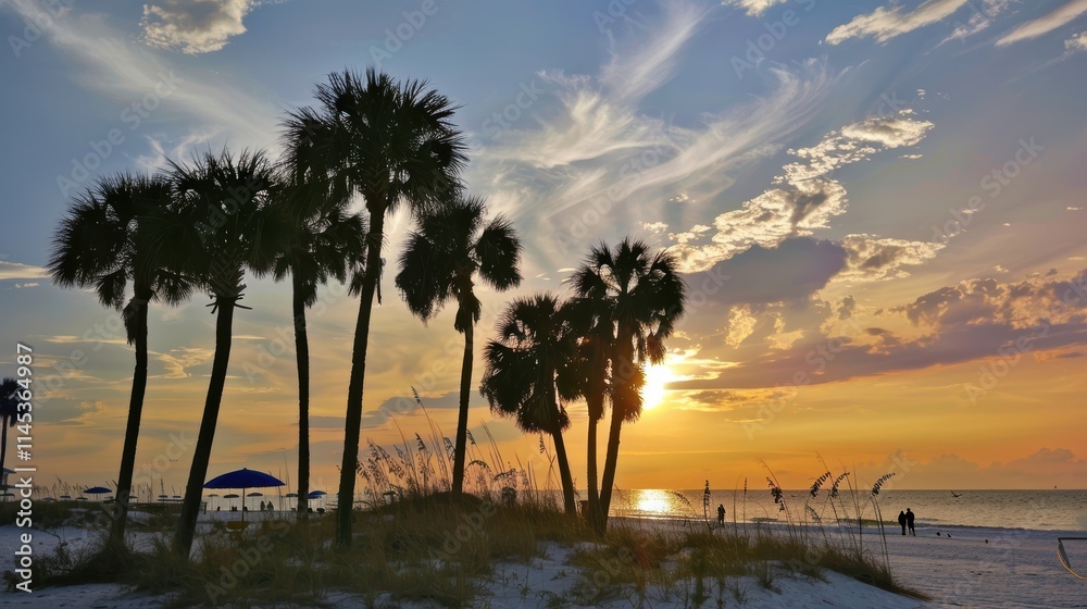 Obraz premium Sunset Over Peaceful Beach with Silhouetted Palm Trees