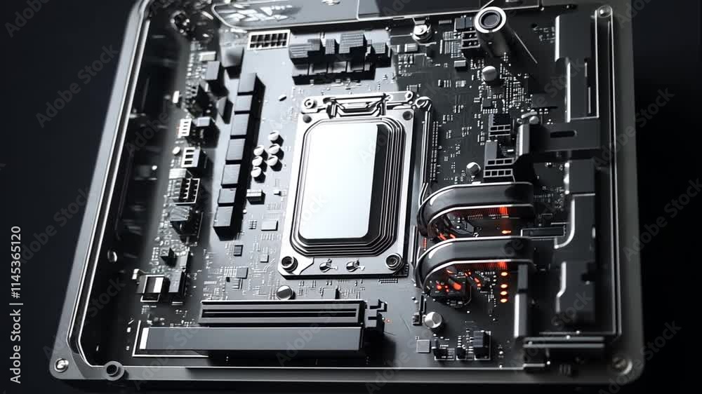 Close-up of a computer motherboard with CPU and cooling system. Animation video Generated AI
