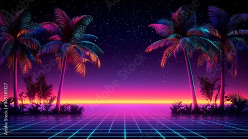 Retro synthwave sunset with vibrant palm trees and grid.