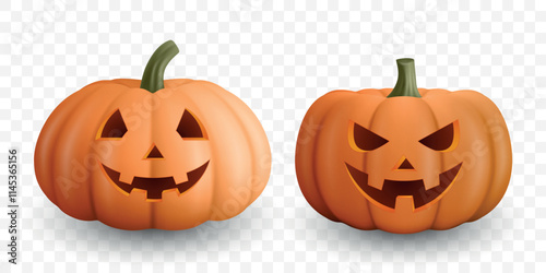 Realistic Vector Halloween Pumpkins with Carved Faces. Jack-O'-Lanterns Set for Halloween Decor. Detailed Pumpkin Illustrations for Festive Design, Icons, Templates