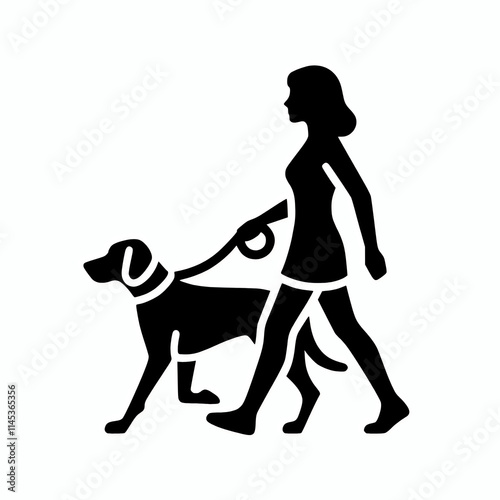 Black silhouette of a woman walking a weimaraner dog on leash