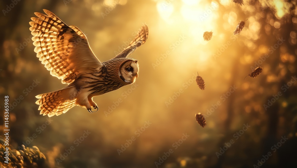 Fototapeta premium Owl in Flight Against Golden Sunset