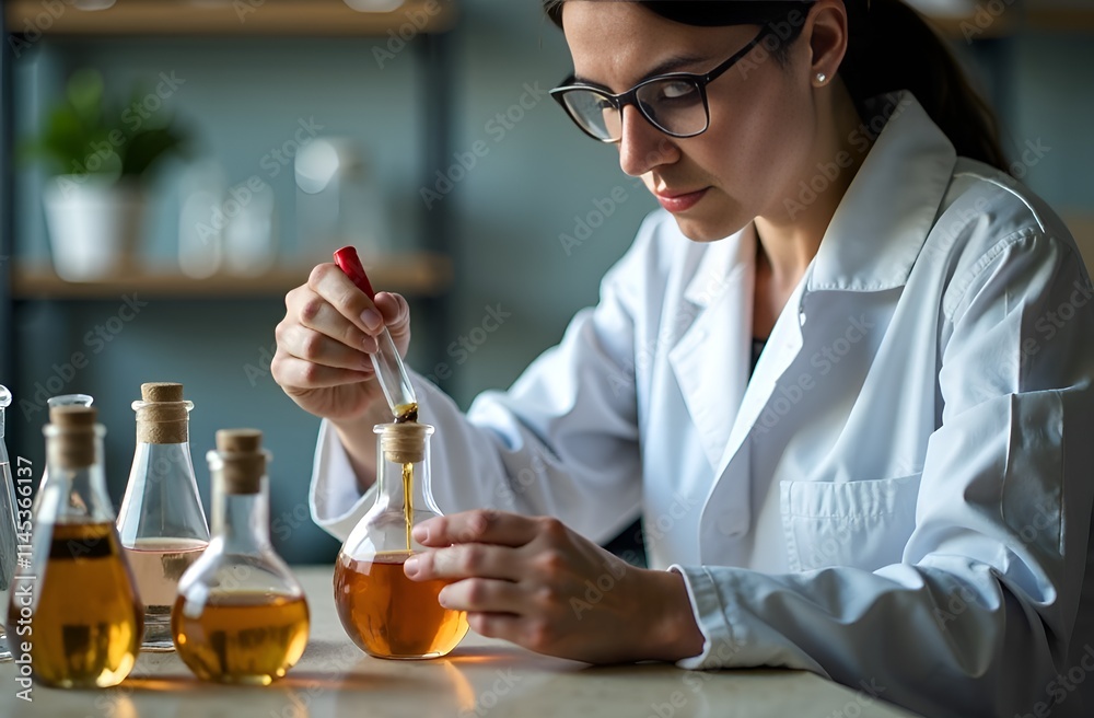 Caucasian female scientist conducting experiment with glass flasks in laboratory Caucasian female scientist conducting experiment with glass flasks in laboratory