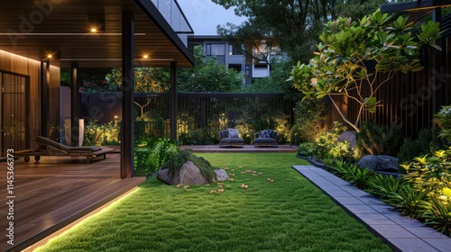 terrace with a smooth green yard that is very luxurious and comfortable.