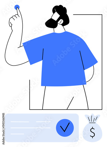 Bearded man pressing a button with one finger. Visible form with check mark and money bag. Ideal for voting, finance, decision making, investments, savings, approvals confirmations. Line metaphor