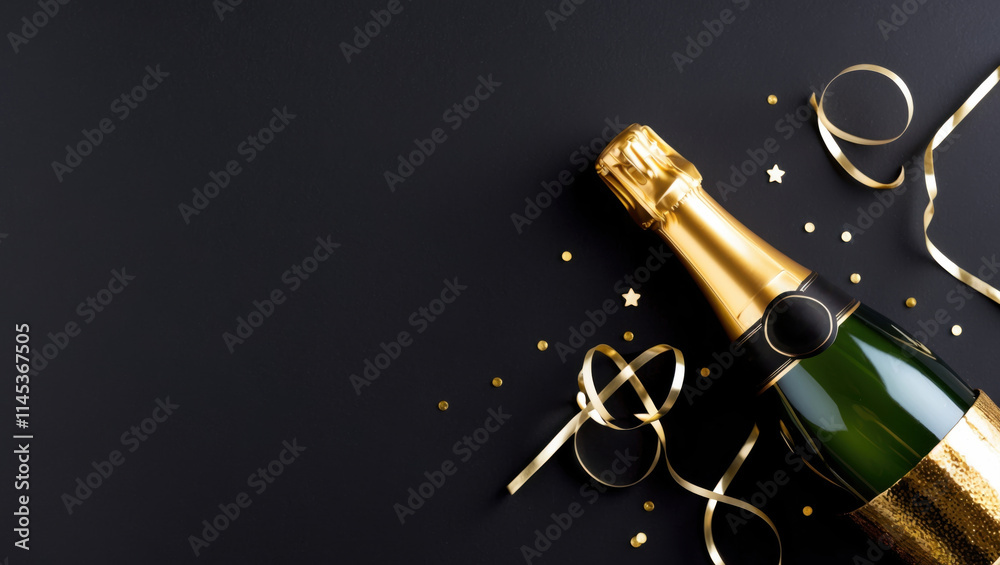 Fototapeta premium A champagne bottle with a golden foil wrapper, surrounded by confetti stars and party streamers in the right bottom corner, set against a matte black background.