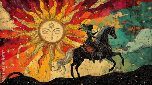 Detailed Sun Tarot Card with Radiant Face and Rays, Featuring a Youth on Horseback photo