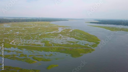Aerial view of flooded coastal estuary at high tide along the coast of South Carolina, USA.
