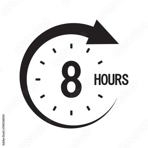 Countdown timer icon. Number eight focus. Bold 8 hours text. Monochrome arrow symbol.