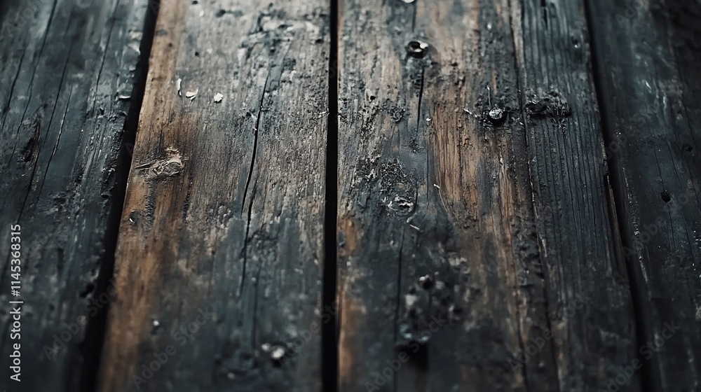 Obraz premium Dark, weathered wooden planks with visible grain, knots, and nails.