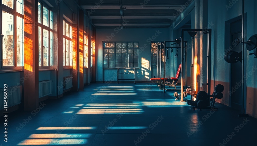 Fototapeta premium Empty Gym With Sunlight Streaming Through Windows