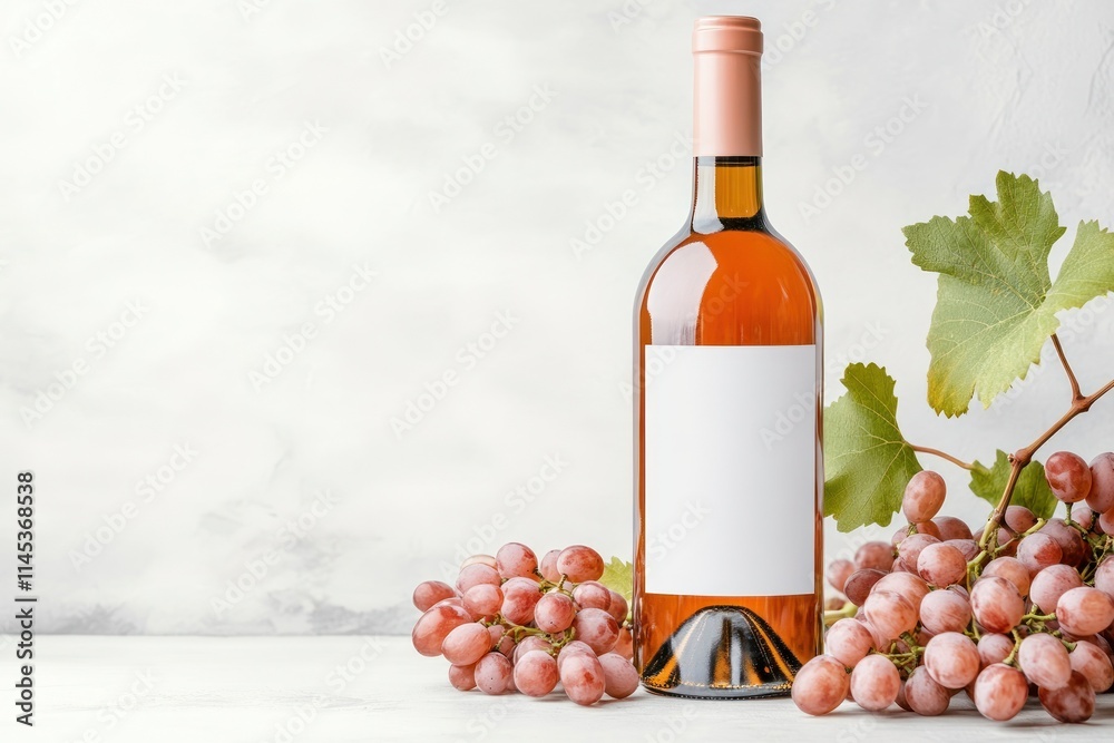 Obraz premium This exquisite wine bottle mockup features an empty label perfect for customization. Grapes are artfully arranged around the bottle creating an elite atmosphere in a softly blurred setting