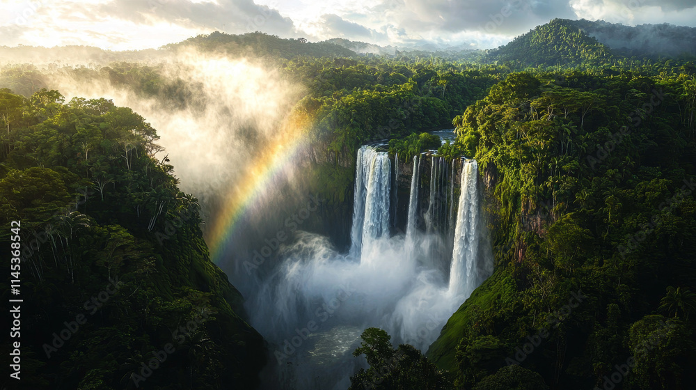 Majestic Waterfall in a Lush Rainforest with Rainbow Mist Majestic Waterfall in a Lush Rainforest with Rainbow Mist