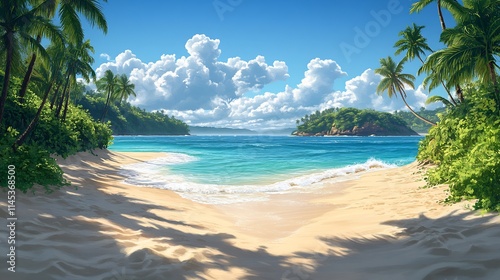 Detailed vector illustration of a tropical beach with palm trees ideal for travel and relaxation themes photo