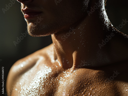 Tanned Skin Close-Up: Shoulder Crop Highlighting Sweat and Cinematic Style photo