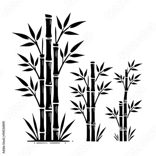 Serene Bamboo Grove: A stylized illustration of three bamboo plants, varying in height, rendered in elegant black silhouettes against a clean background. Evokes tranquility and natural beauty.
