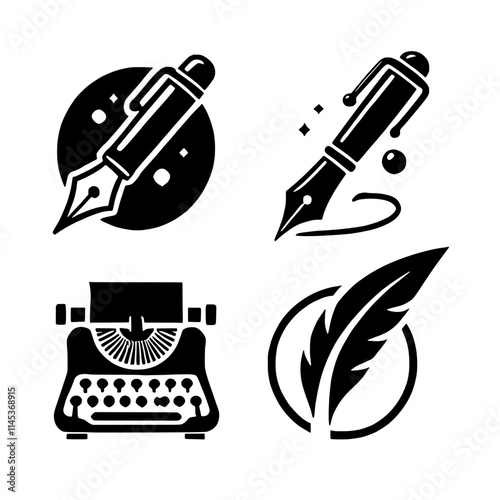 Writing Tools Set:  A collection of four black and white icons representing tools of writing: a fountain pen, a typewriter, and a quill pen.  A simple,  and timeless design, perfect for authors.