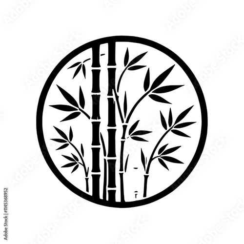 Bamboo Circle:  A minimalist black and white illustration of bamboo stalks and leaves within a circle.  Perfect for creating a tranquil and natural ambiance, evoking themes of growth, strength.