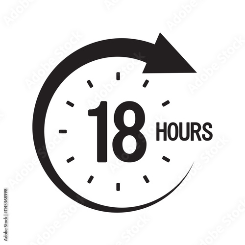 Eighteen hours icon. Black circular arrow. Countdown timer graphic. Vector clock symbol.
